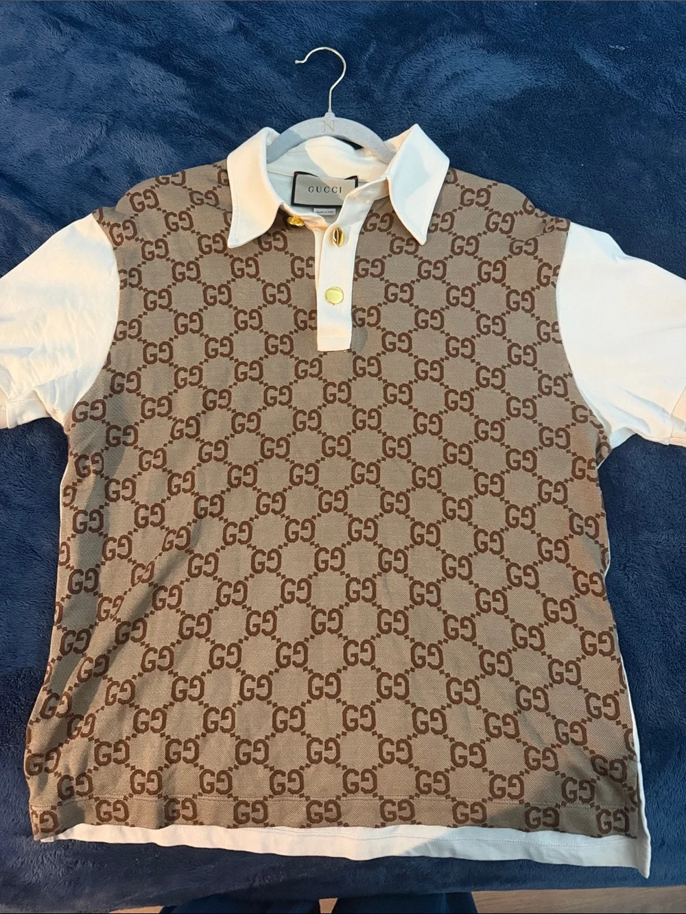 Gucci Brown GG Monogram Polo with White Collar & Sleeves